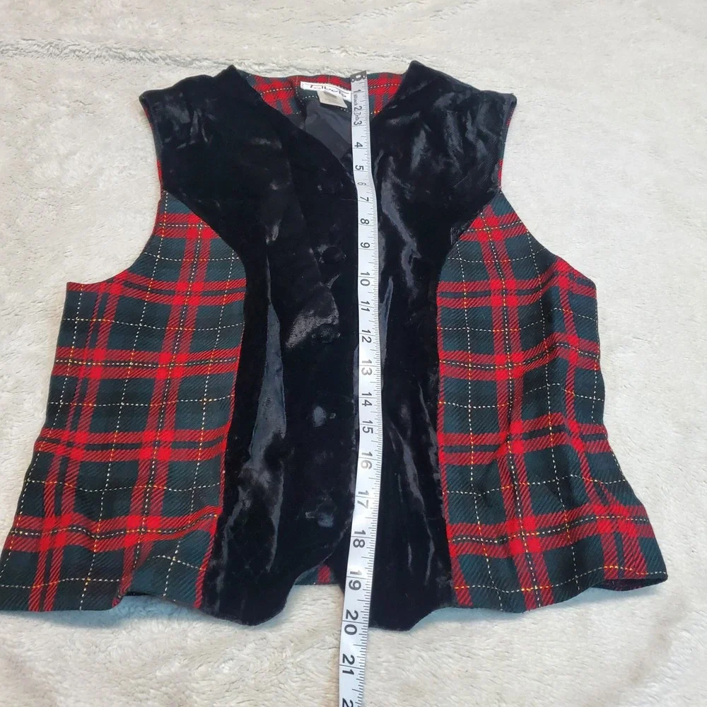 Vintage‎ Talbots Red Green Tartan Plaid Black Velvet Wool Vest 4 Retro Classic